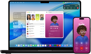 14-inch MacBook Pro and iPhone 16 — the iPhone is calling a contact named Luis while the MacBook Pro shows the same call in the Phone app