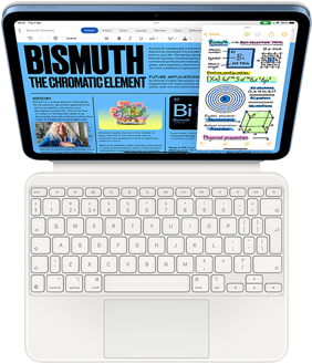 iPad attached to Magic Keyboard Folio, screen is showing Slide Over with Pages and Notes app.